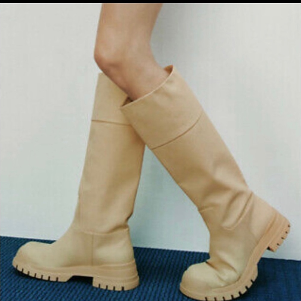 ZARA BEIGE TRACK SOLE WAXED KNEE HIGH BOOTS